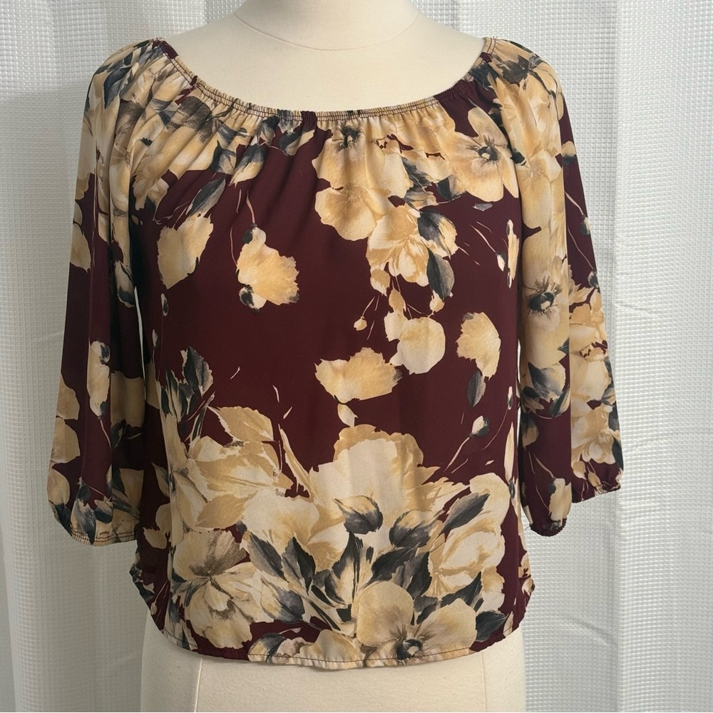 A'gaci Women's Floral Blouse Elastic Neck and 3/4 Length Sleeves, Size S (Chico)